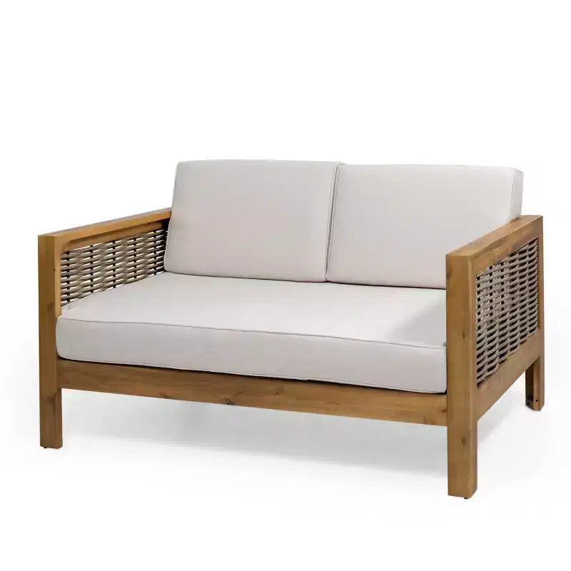 Outdoor Patio Furniture Set, Acacia Wood Conversation Set with Wicker Accent Chairs, Loveseat, and Coffee Table - Merax