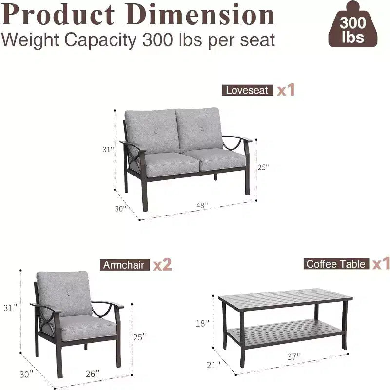 Heynemo Outdoor Patio Furniture Set, 4 Piece Patio Conversation Set with Coffee Table, Metal Furniture Set for Porch Backyard Garden, Coffee