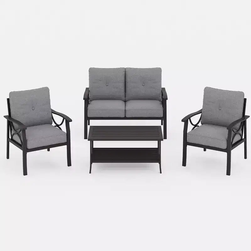 Heynemo Outdoor Patio Furniture Set, 4 Piece Patio Conversation Set with Coffee Table, Metal Furniture Set for Porch Backyard Garden, Coffee