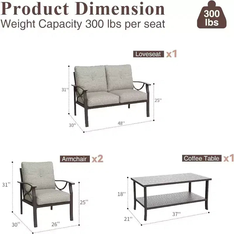Heynemo Outdoor Patio Furniture Set, 4 Piece Patio Conversation Set with Coffee Table, Metal Furniture Set for Porch Backyard Garden, Coffee