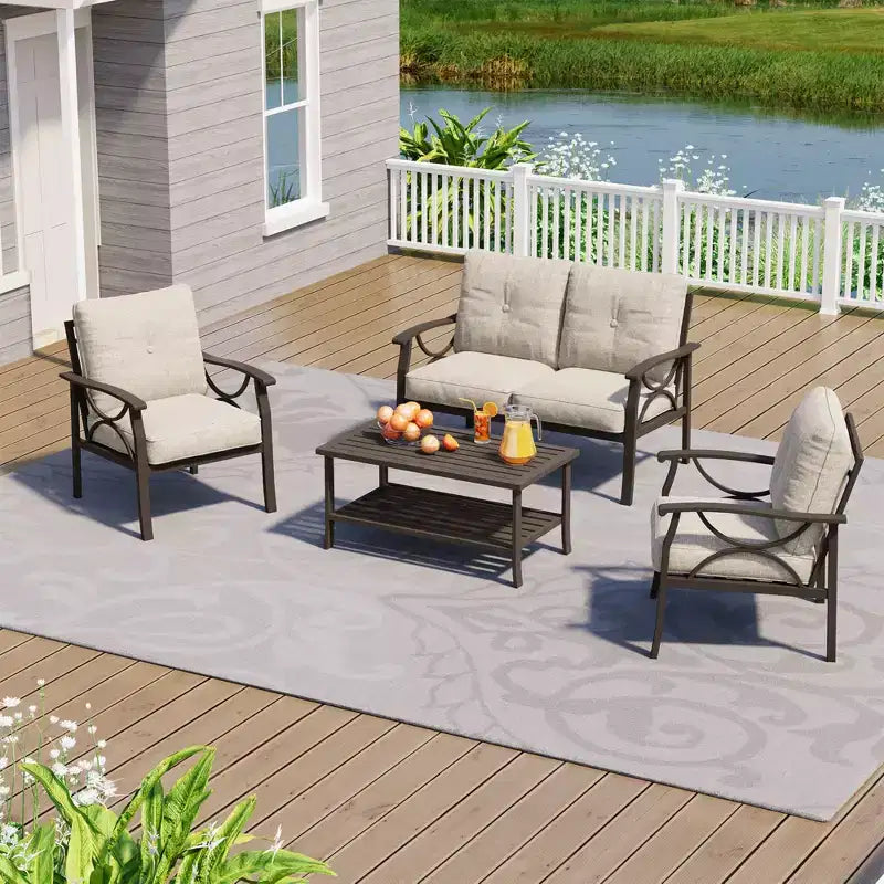 Heynemo Outdoor Patio Furniture Set, 4 Piece Patio Conversation Set with Coffee Table, Metal Furniture Set for Porch Backyard Garden, Coffee