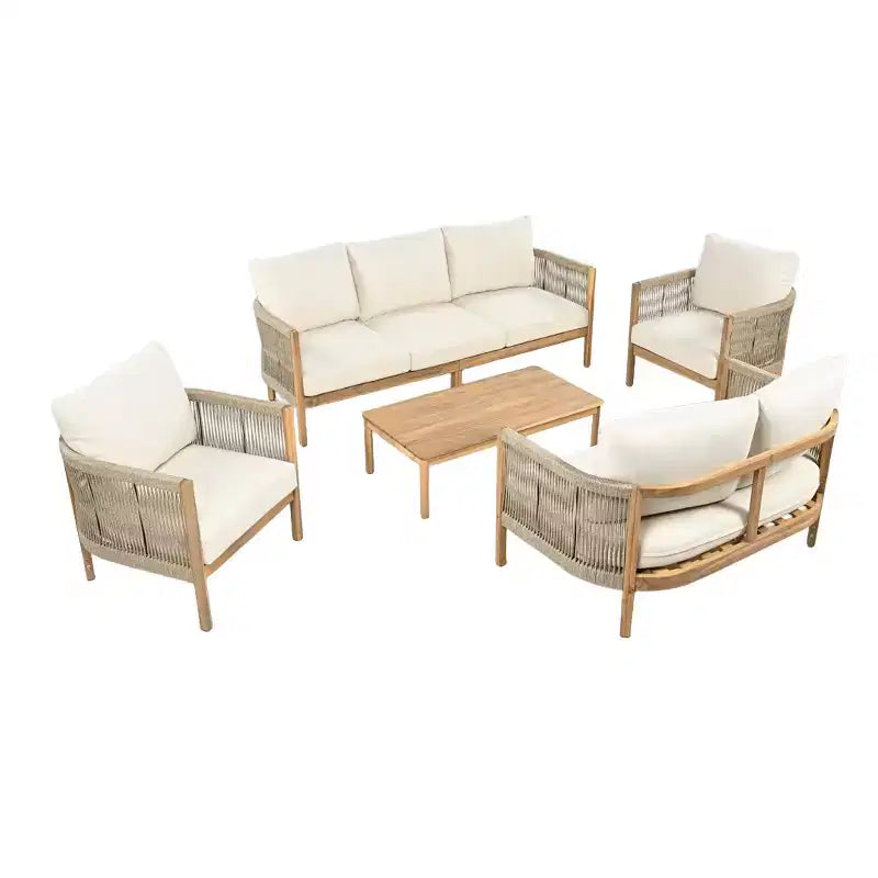 Christopher Knight Home Naveed 5 Piece Patio Rope Weaving Acacia Wood Seating Set with Cushion