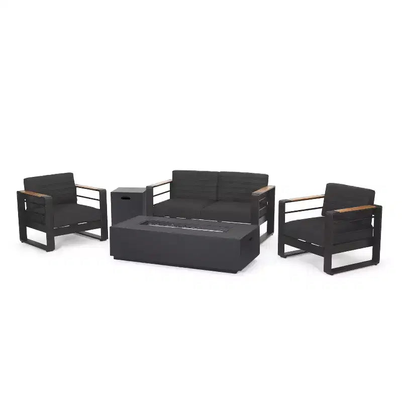 Christopher Knight Home Giovanna Outdoor Aluminum 4-Seater Chat Set with Lightweight Concrete Fire Pit, Black/Dark Gray