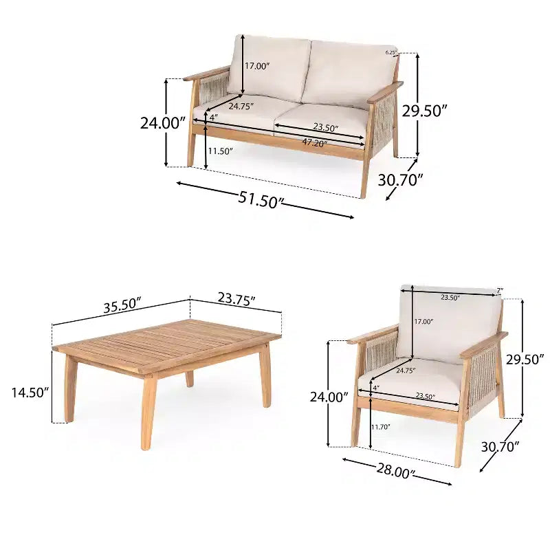 Christopher Knight Home Tariq Outdoor 4 Pieces Rustic Acacia Wood and Rope Seating Set with Cushion