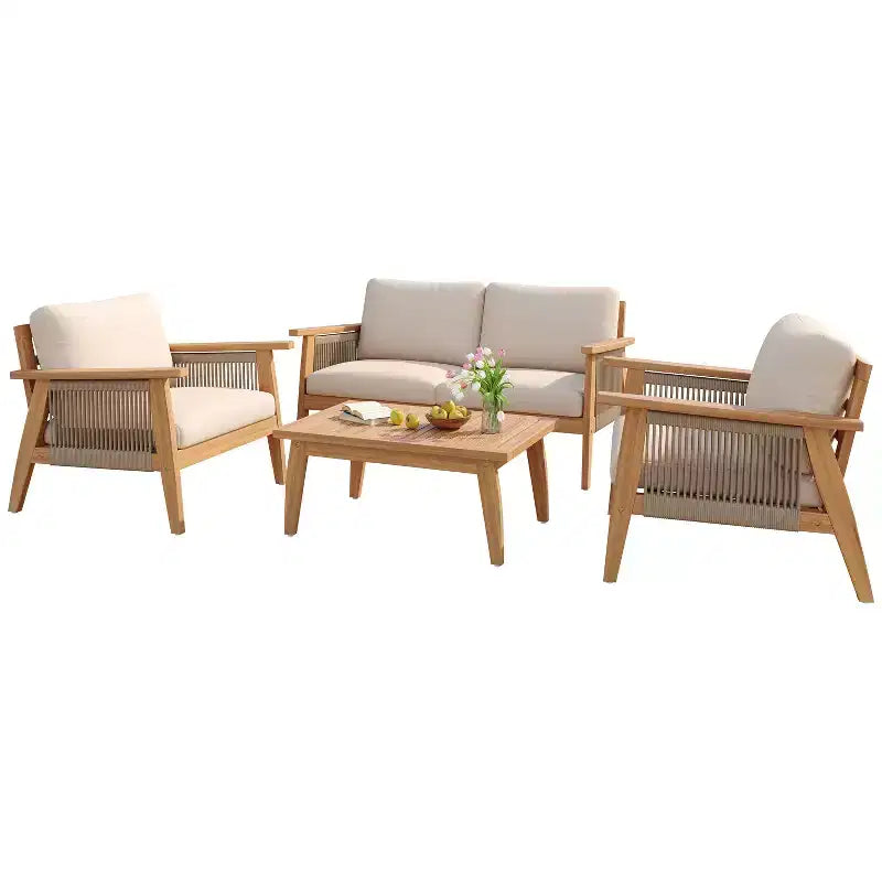 Christopher Knight Home Tariq Outdoor 4 Pieces Rustic Acacia Wood and Rope Seating Set with Cushion