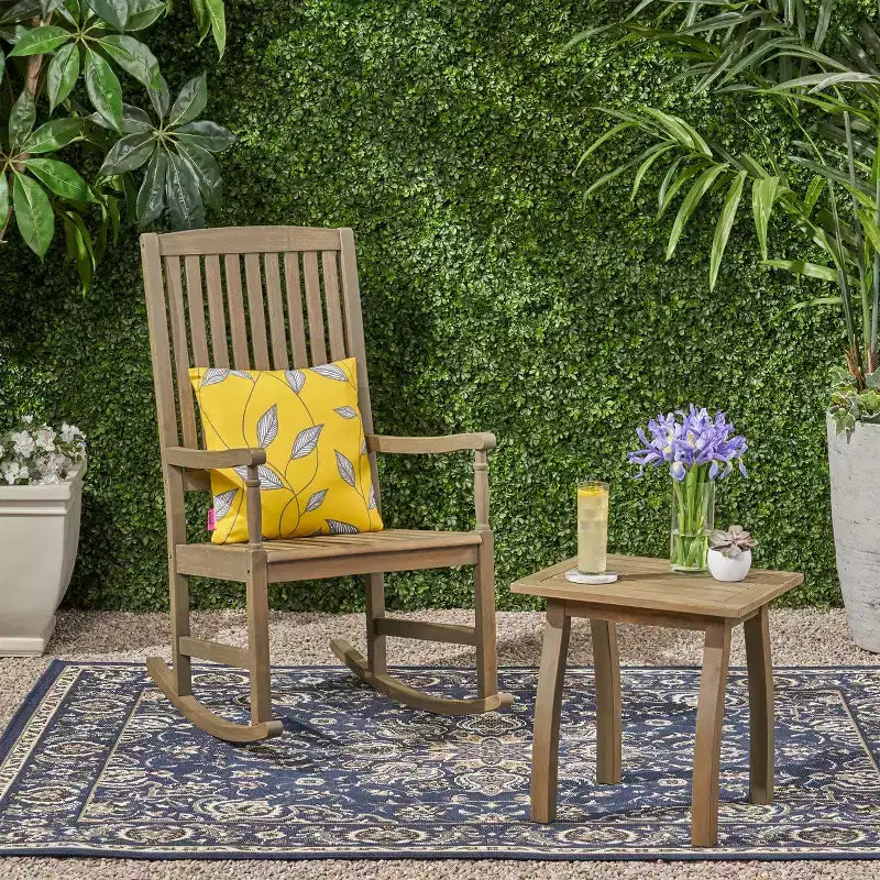 Christopher Knight Home Reynard Outdoor Acacia Wood Rocking Chair and Table Set with Slatted Design
