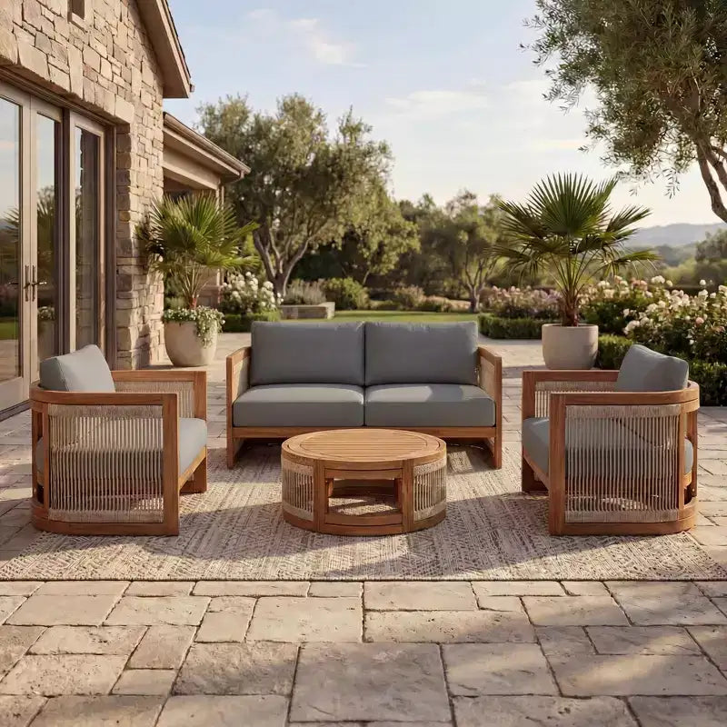 Christopher Knight Home Mads 4 Piece Outdoor Acacia Wood Curved Tub Design Seating Set with Woven Rope