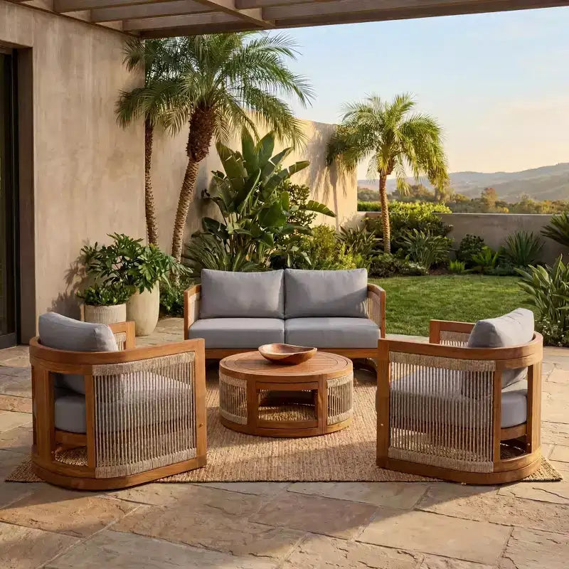 Christopher Knight Home Mads 4 Piece Outdoor Acacia Wood Curved Tub Design Seating Set with Woven Rope
