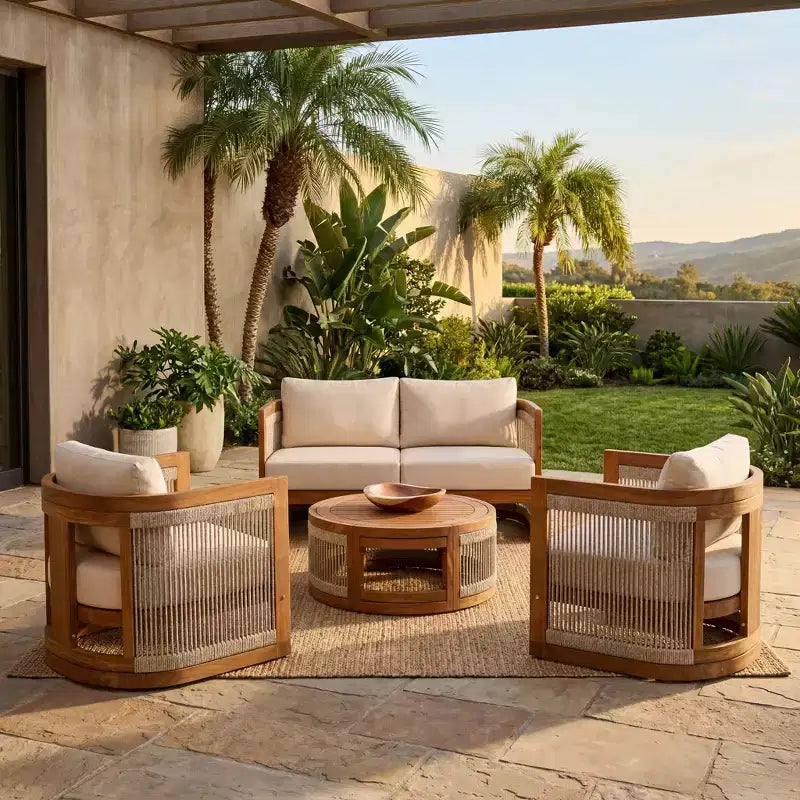 Christopher Knight Home Mads 4 Piece Outdoor Acacia Wood Curved Tub Design Seating Set with Woven Rope