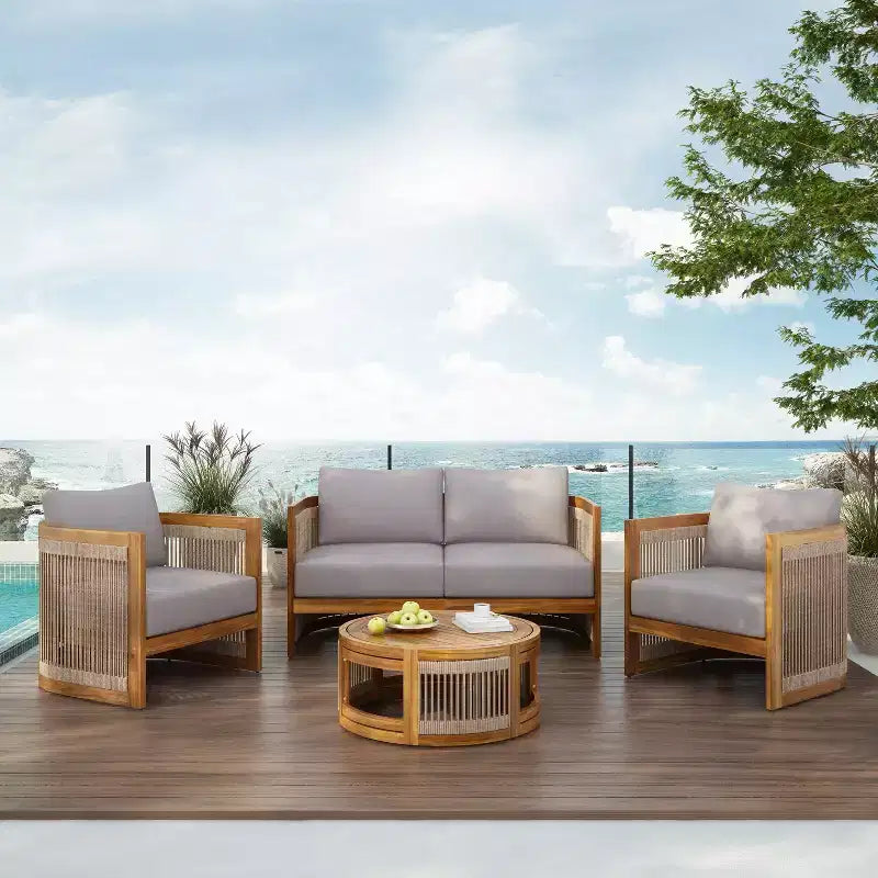 Christopher Knight Home Mads 4-teiliges Outdoor-Sitzgruppen-Set aus Akazienholz in geschwungenem Wannen-Design mit geflochtenem Seil