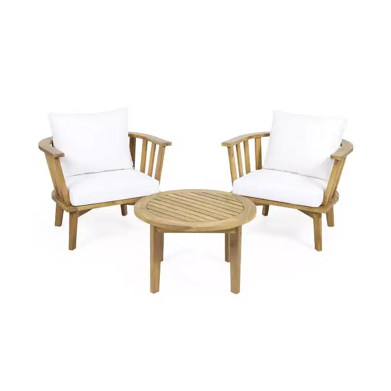 GDFStudio Dean Outdoor Acacia Wood 3 Piece Chat Set with Round Coffee Table, White/Teak