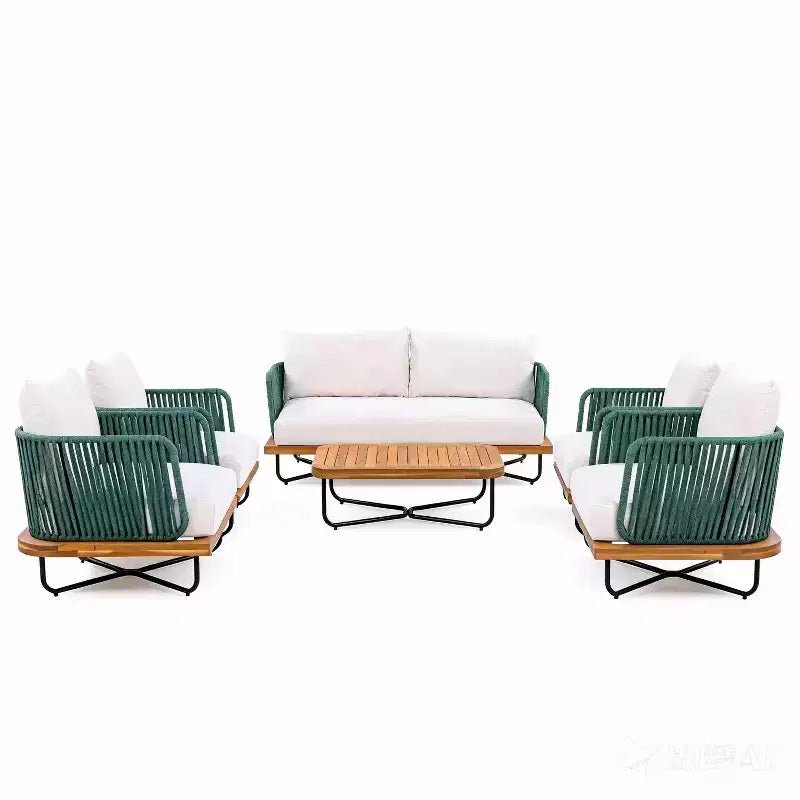 Christopher Knight Home Galen 6 Piece Outdoor Rope Woven Acacia and Iron Frame Upholstered Seating Set