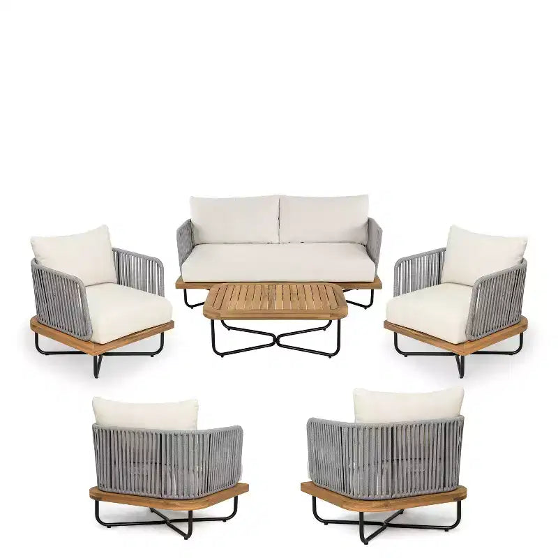 Christopher Knight Home Galen 6 Piece Outdoor Rope Woven Acacia and Iron Frame Upholstered Seating Set