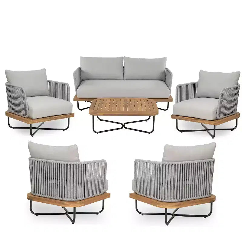 Christopher Knight Home Galen 6 Piece Outdoor Rope Woven Acacia and Iron Frame Upholstered Seating Set