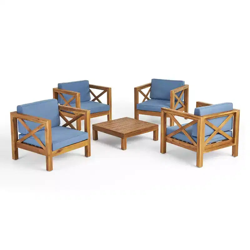 Christopher Knight Home Brava Outdoor Acacia Wood 4 Seater Club Chair Chat Set with Cushions