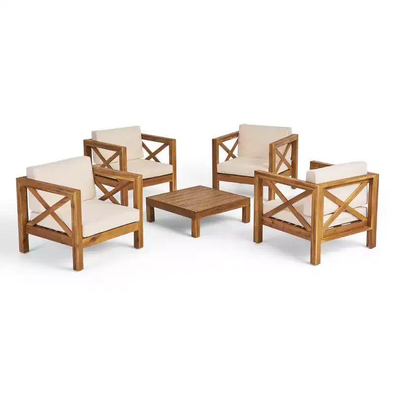 Christopher Knight Home Brava Outdoor Acacia Wood 4 Seater Club Chair Chat Set with Cushions