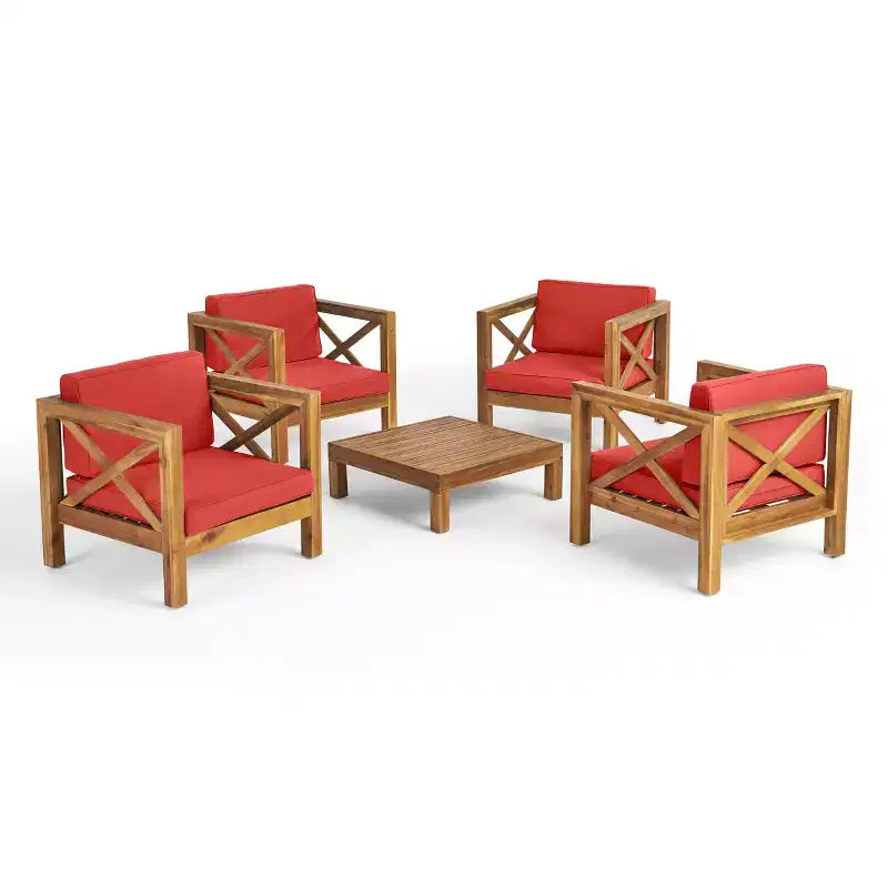 Christopher Knight Home Brava Outdoor Acacia Wood 4 Seater Club Chair Chat Set with Cushions