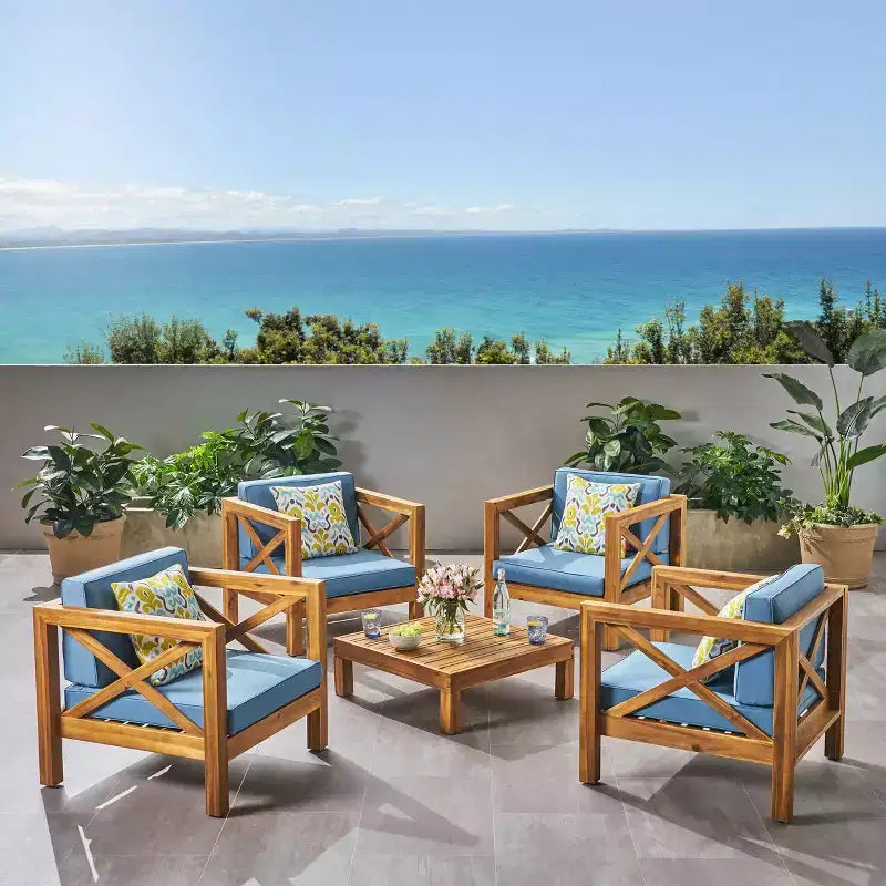 Christopher Knight Home Brava Outdoor-Club-Sessel-Set aus Akazienholz für 4 Personen mit Kissen