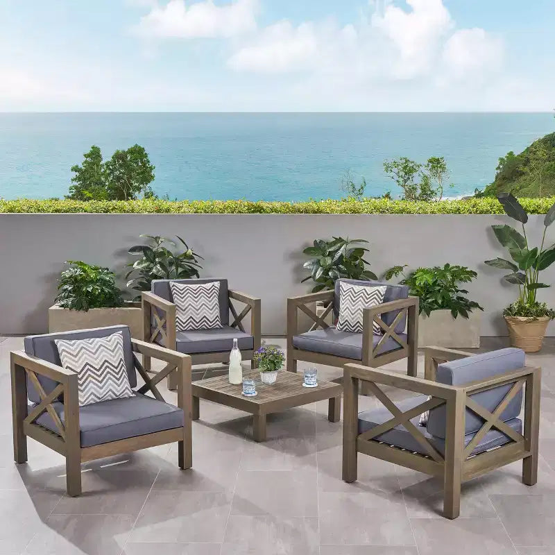 Christopher Knight Home Brava Outdoor-Club-Sessel-Set aus Akazienholz für 4 Personen mit Kissen