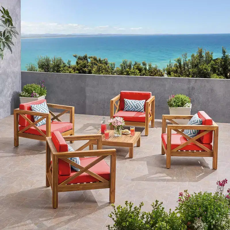 Christopher Knight Home Brava Outdoor-Club-Sessel-Set aus Akazienholz für 4 Personen mit Kissen