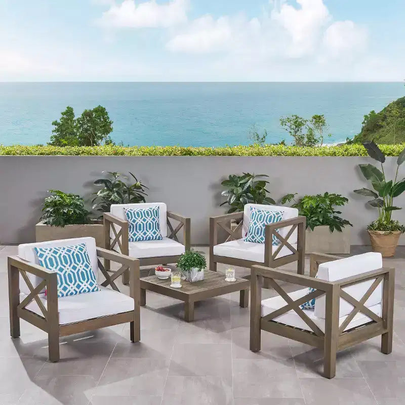 Christopher Knight Home Brava Outdoor-Club-Sessel-Set aus Akazienholz für 4 Personen mit Kissen