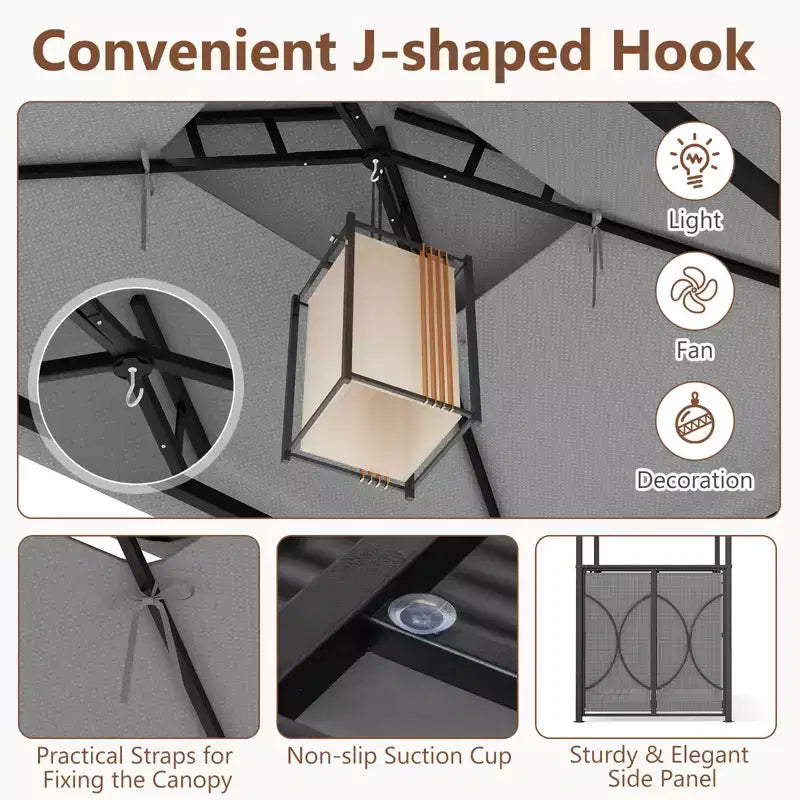 Costway 6.5 x 4 x 8 FT Grill Gazebo Set with 2 Bar Stools, Tempered Glass Bar Table Brown/Gray