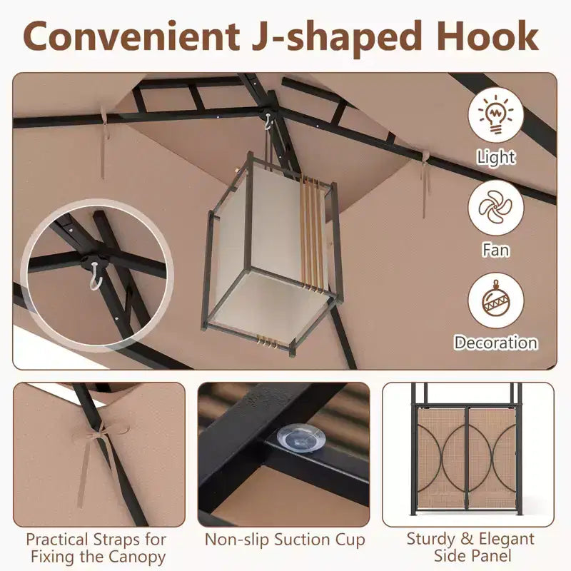 Costway 6.5 x 4 x 8 FT Grill Gazebo Set with 2 Bar Stools, Tempered Glass Bar Table Brown/Gray