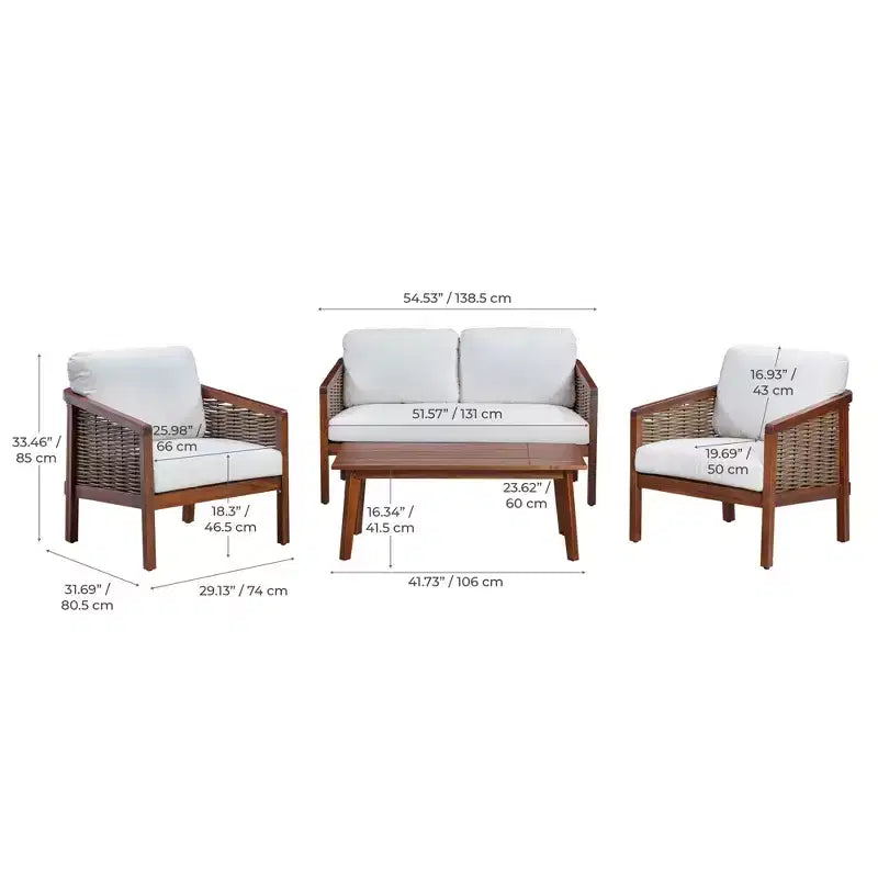 4-Piece Acacia Wood Outdoor Conversation Set in Brown - Teamson Home: Seats with Cushions & Matching Coffee Table