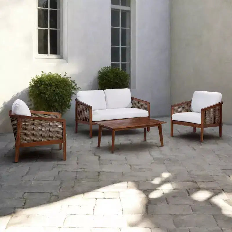 4-Piece Acacia Wood Outdoor Conversation Set in Brown - Teamson Home: Seats with Cushions & Matching Coffee Table