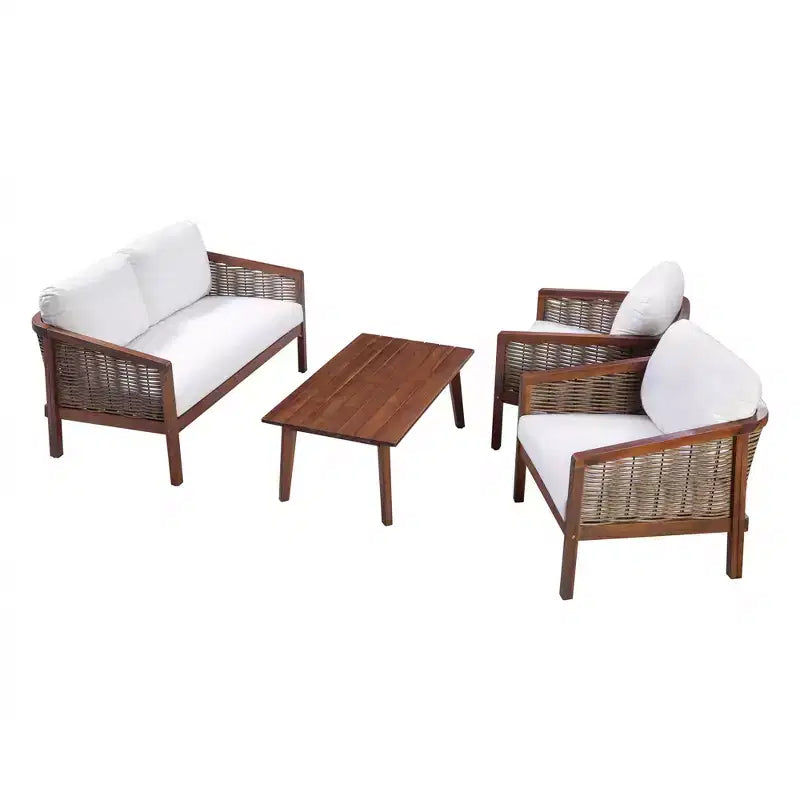 4-Piece Acacia Wood Outdoor Conversation Set in Brown - Teamson Home: Seats with Cushions & Matching Coffee Table