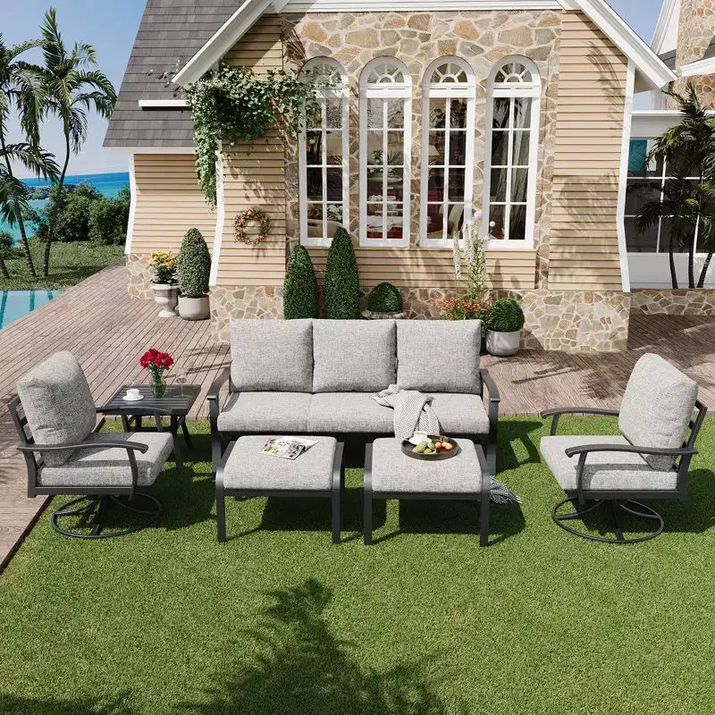 EROMMY 6 PCS Outdoor Metal Conversation Set With 360 Swivel Rocking Chairs, Sofa, &Ottoman For Patio, Garden, Deck Or Poolside