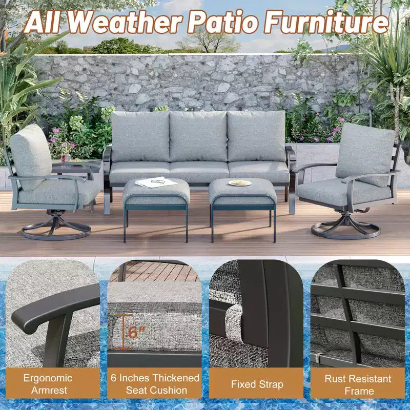 EROMMY 6 PCS Outdoor Metal Conversation Set With 360 Swivel Rocking Chairs, Sofa, &Ottoman For Patio, Garden, Deck Or Poolside