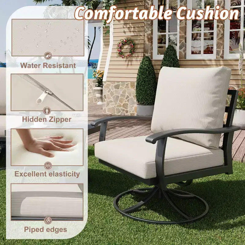 EROMMY 6 PCS Outdoor Metal Conversation Set With 360 Swivel Rocking Chairs, Sofa, &Ottoman For Patio, Garden, Deck Or Poolside