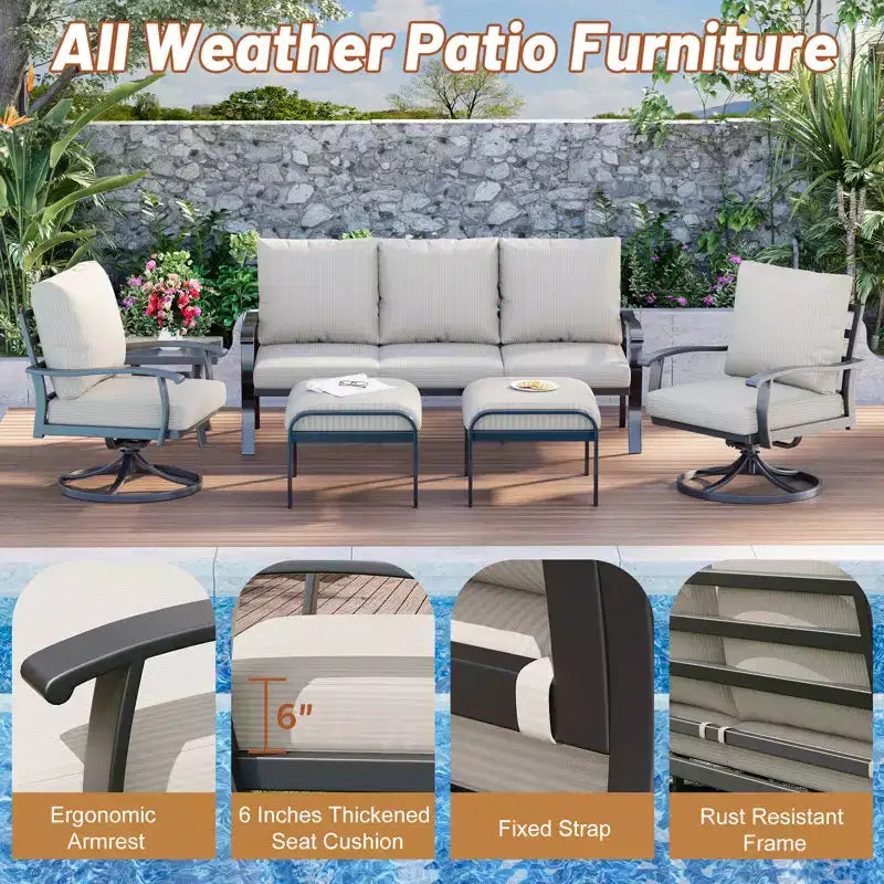 EROMMY 6 PCS Outdoor Metal Conversation Set With 360 Swivel Rocking Chairs, Sofa, &Ottoman For Patio, Garden, Deck Or Poolside
