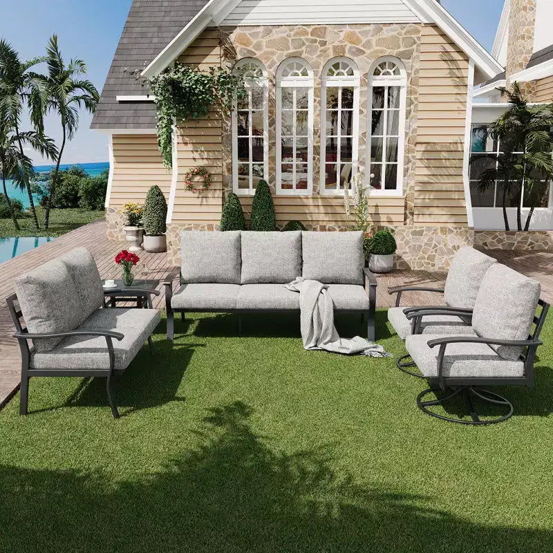 EROMMY 5 PCS Outdoor Metal Conversation Set With 360 Swivel Rocking Chairs, Sofa, Loveseat & Coffee Table For Patio, Garden, Deck Or Poolside