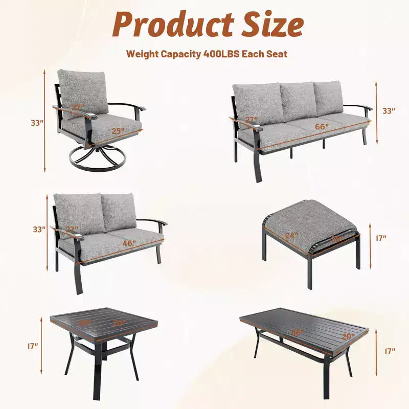 EROMMY 5 PCS Outdoor Metal Conversation Set With 360 Swivel Rocking Chairs, Sofa, Loveseat & Coffee Table For Patio, Garden, Deck Or Poolside