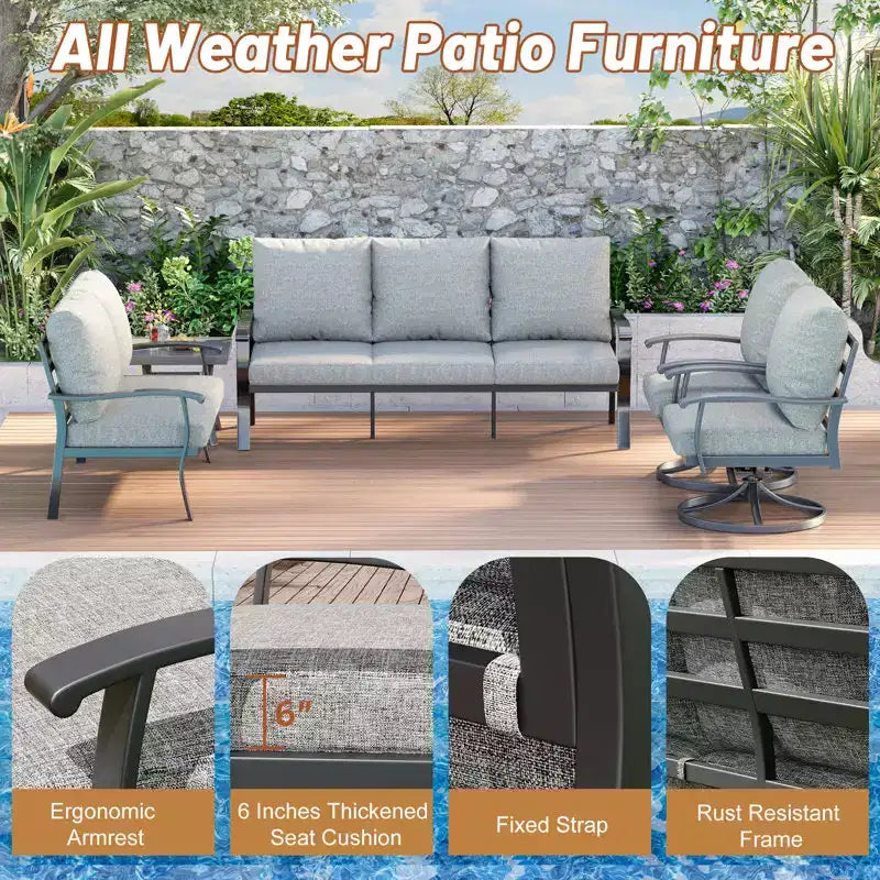 EROMMY 5 PCS Outdoor Metal Conversation Set With 360 Swivel Rocking Chairs, Sofa, Loveseat & Coffee Table For Patio, Garden, Deck Or Poolside