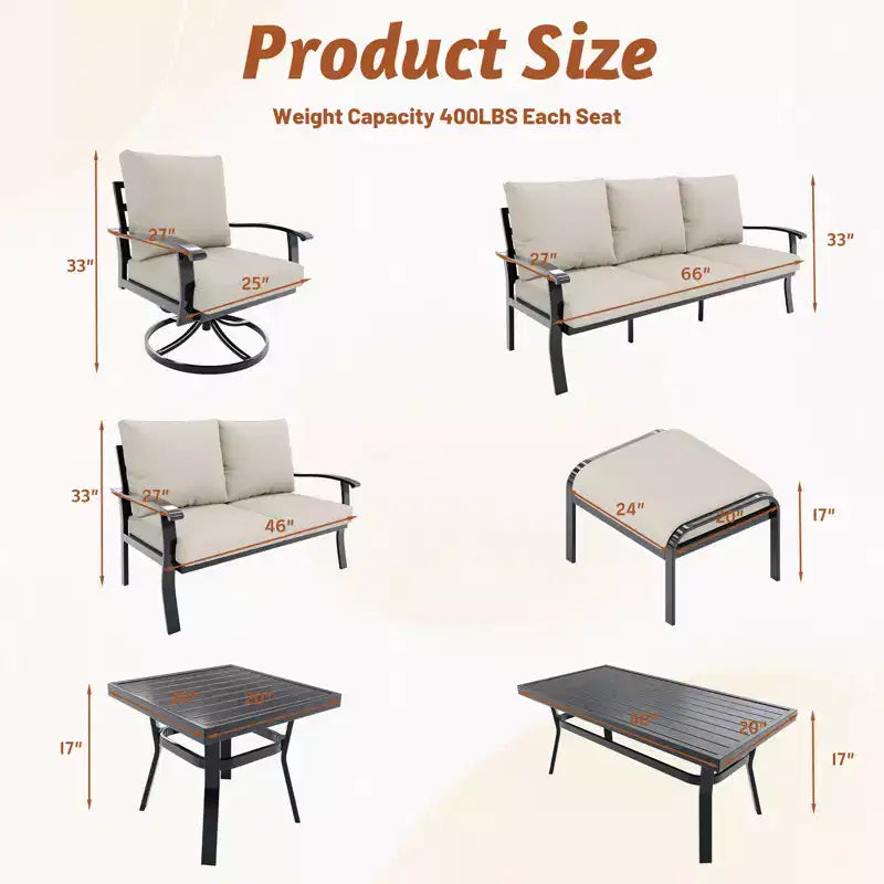 EROMMY 5 PCS Outdoor Metal Conversation Set With 360 Swivel Rocking Chairs, Sofa, Loveseat & Coffee Table For Patio, Garden, Deck Or Poolside