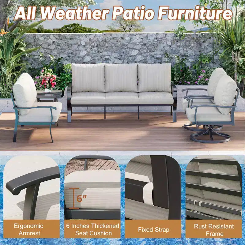 EROMMY 5 PCS Outdoor Metal Conversation Set With 360 Swivel Rocking Chairs, Sofa, Loveseat & Coffee Table For Patio, Garden, Deck Or Poolside