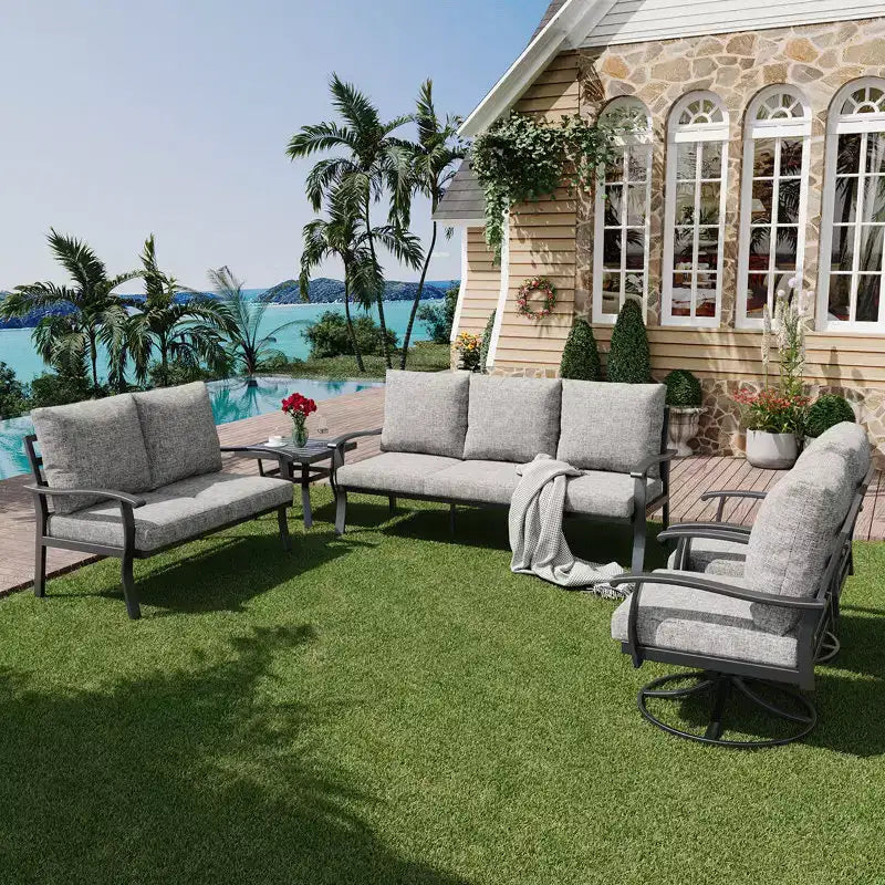 EROMMY 5-tlg. Outdoor-Sitzgruppe aus Metall mit 360°-Schaukelstühlen, Sofa, Zweisitzer & Couchtisch für Terrasse, Garten, Veranda oder Poolbereich