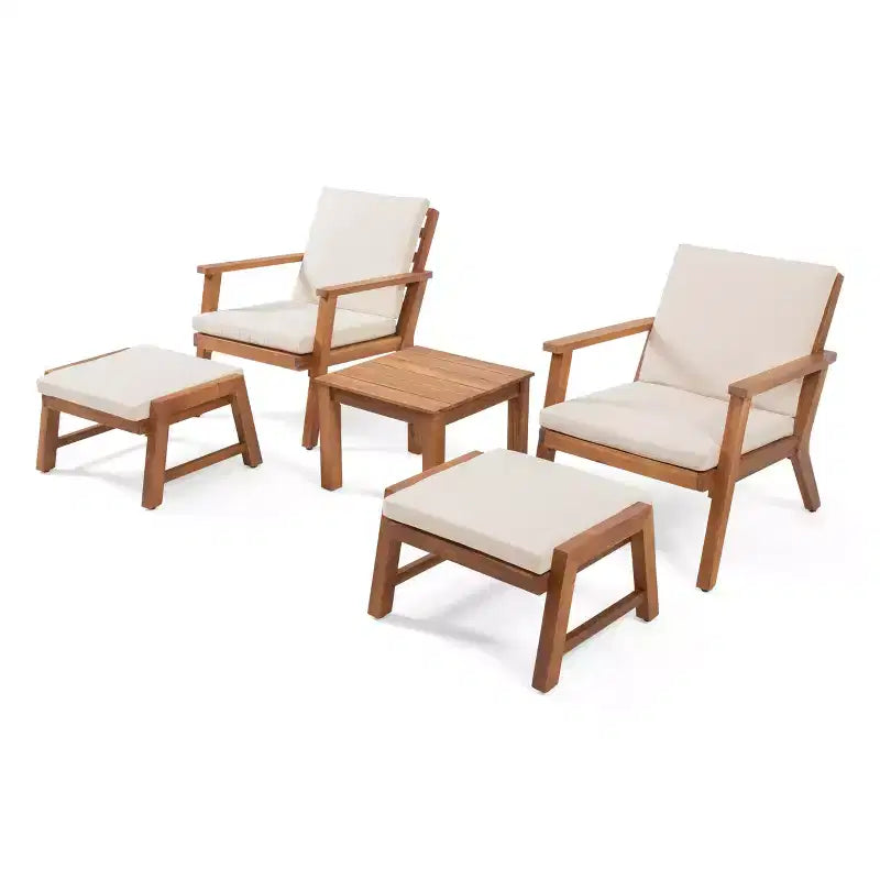 Christopher Knight Home Temecula Outdoor Acacia Wood 5 Piece Club Chair and Ottoman Chat Set with Cushions