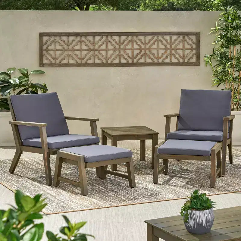 Christopher Knight Home Temecula Outdoor-Set aus Akazienholz, bestehend aus 5 Teilen (Club-Sessel und Ottomanen) mit Kissen
