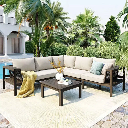 4-teiliges Outdoor-Sofa-Set aus Akazienholz mit Armlehnen aus geflochtenem Netz, L-förmiges Lounge-Set für die Terrasse mit Couchtisch und Beistelltisch - ModernLuxe