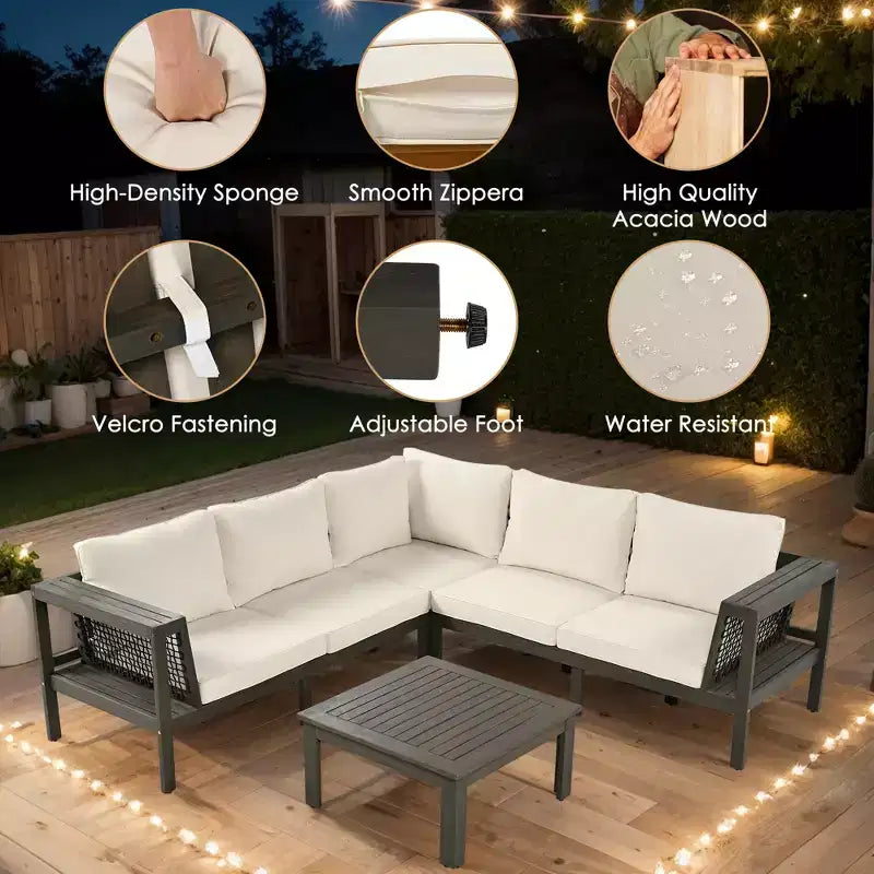 4-Piece Outdoor Acacia Wood Sofa Set with Woven Mesh Armrests, L-Shaped Patio Conversation Set with Coffee Table and Side Table - ModernLuxe