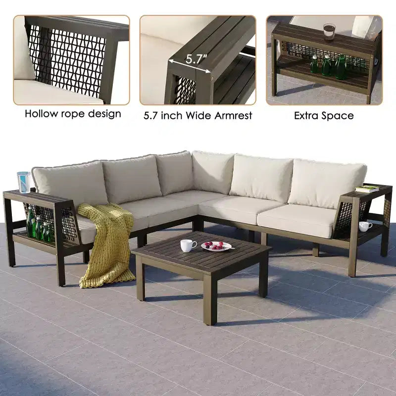 4-Piece Outdoor Acacia Wood Sofa Set with Woven Mesh Armrests, L-Shaped Patio Conversation Set with Coffee Table and Side Table - ModernLuxe