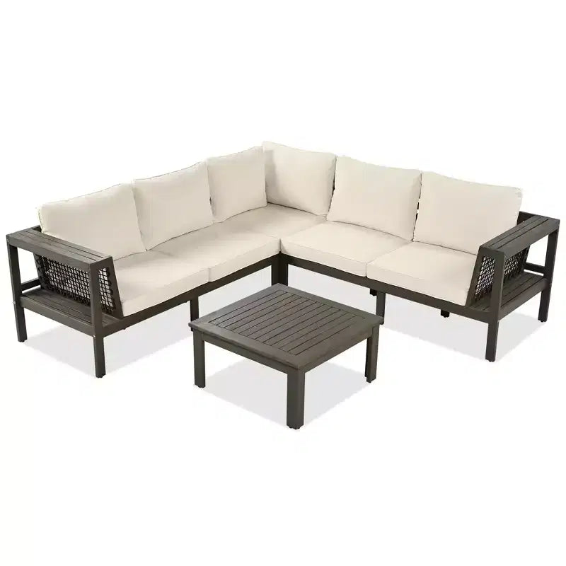4-Piece Outdoor Acacia Wood Sofa Set with Woven Mesh Armrests, L-Shaped Patio Conversation Set with Coffee Table and Side Table - ModernLuxe