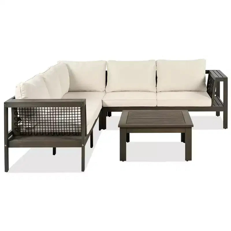 4-Piece Outdoor Acacia Wood Sofa Set with Woven Mesh Armrests, L-Shaped Patio Conversation Set with Coffee Table and Side Table - ModernLuxe