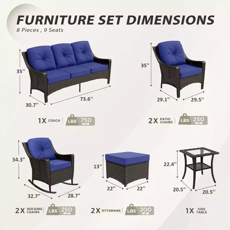 EAGLE PEAK Azure Bay 8 Pieces Wicker Outdoor Patio Furniture Set, Sofa 4 Chairs with Ottomans and Side Table