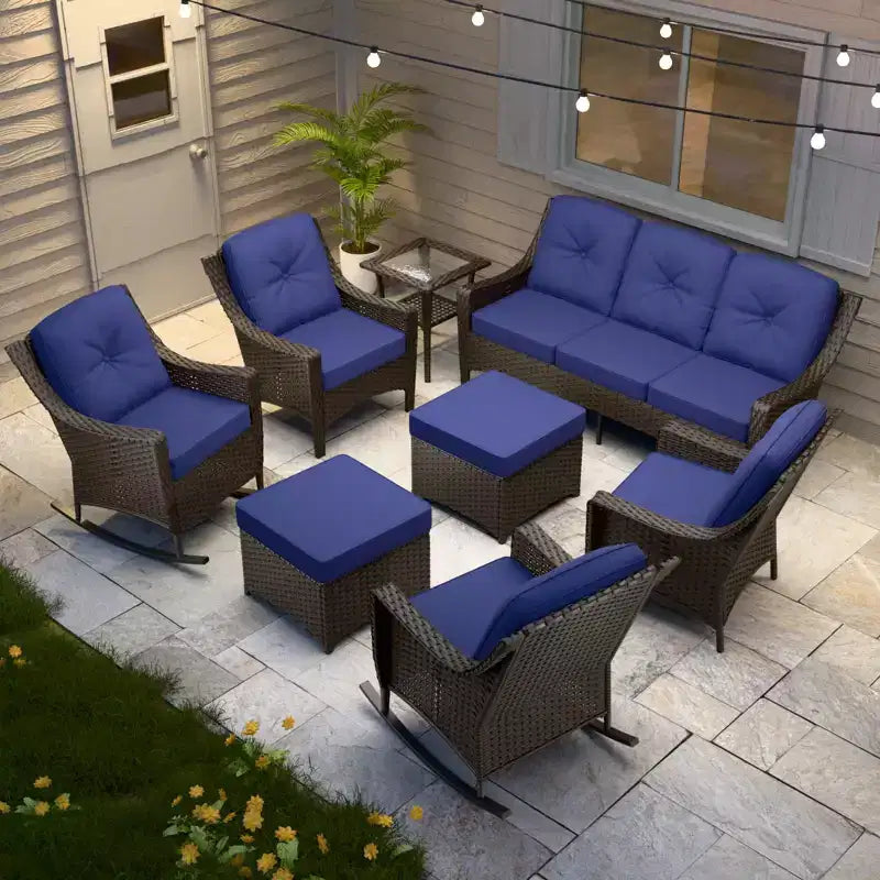 EAGLE PEAK Azure Bay 8-teiliges Korb-Terrassenmöbel-Set, Sofa, 4 Stühle mit Fußhockern und Beistelltisch