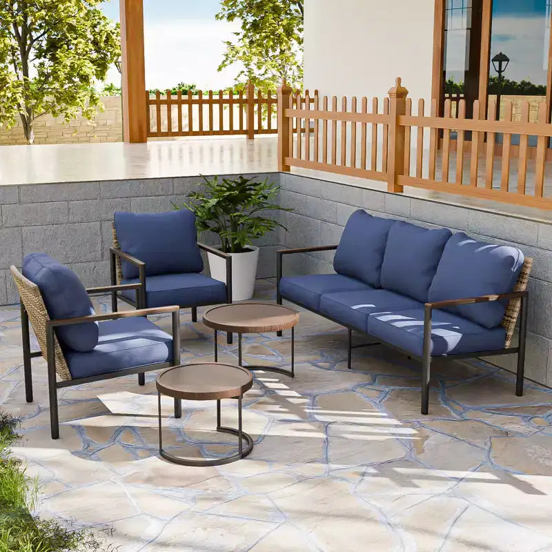 EAGLE PEAK Sunset Dune 5 Piece Collection Modern Outdoor Furniture Set, Patio Wicker Wood Grain Lounge Set